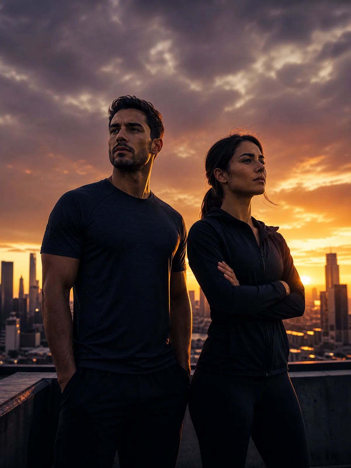 Homem e mulher prontos para agir ao amanhecer